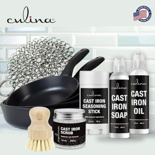  Culina Cast Iron Soap & stick & Conditioning Oil & Stainless Scrubber &Restoring Scrub & brush All Natural Ingredients Best for Cleaning, Non-stick Cooking & Restoring for Cast Iro