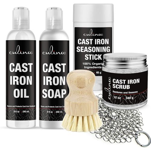  Culina Cast Iron Soap & stick & Conditioning Oil & Stainless Scrubber &Restoring Scrub & brush All Natural Ingredients Best for Cleaning, Non-stick Cooking & Restoring for Cast Iro