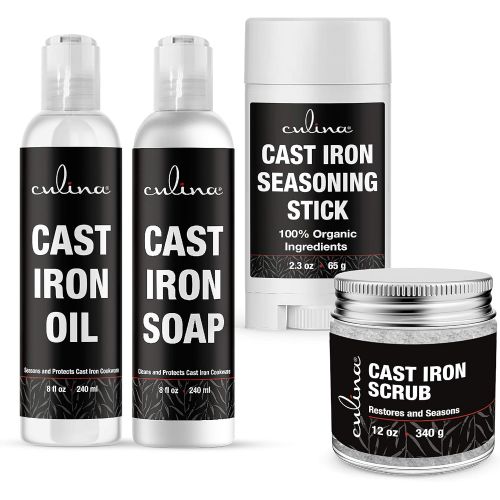  Culina Cast Iron Seasoning Stick & Soap & Oil Conditioner & Restoring Scrub All Natural Ingredients Best for Cleaning, Non-stick Cooking & Restoring for Cast Iron Cookware, Skillet