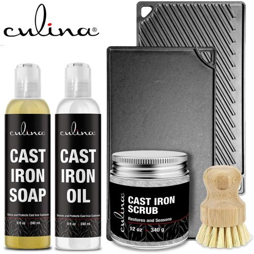  Culina Cast Iron Soap & Conditioning Oil & scrubbing salt & brush All Natural Ingredients Best for Cleaning, Non-stick Cooking & Restoring for Cast Iron Cookware, Skillets