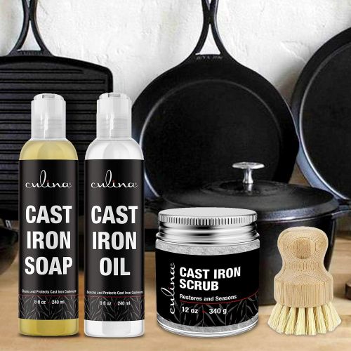  Culina Cast Iron Soap & Conditioning Oil & scrubbing salt & brush All Natural Ingredients Best for Cleaning, Non-stick Cooking & Restoring for Cast Iron Cookware, Skillets