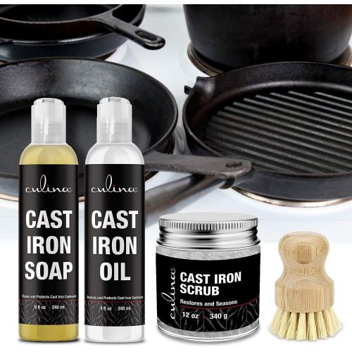  Culina Cast Iron Soap & Conditioning Oil & scrubbing salt & brush All Natural Ingredients Best for Cleaning, Non-stick Cooking & Restoring for Cast Iron Cookware, Skillets