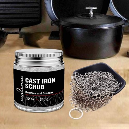  Culina Cast Iron Cleaning & Restoring Scrub & Stainless Steel Scrub Removes Rust Without Scratching & Care Before Cleaning, Washing & Seasoning 100% Natural for Cast Iron Skillets,