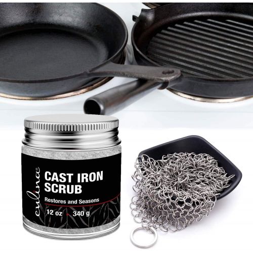  Culina Cast Iron Cleaning & Restoring Scrub & Stainless Steel Scrub Removes Rust Without Scratching & Care Before Cleaning, Washing & Seasoning 100% Natural for Cast Iron Skillets,