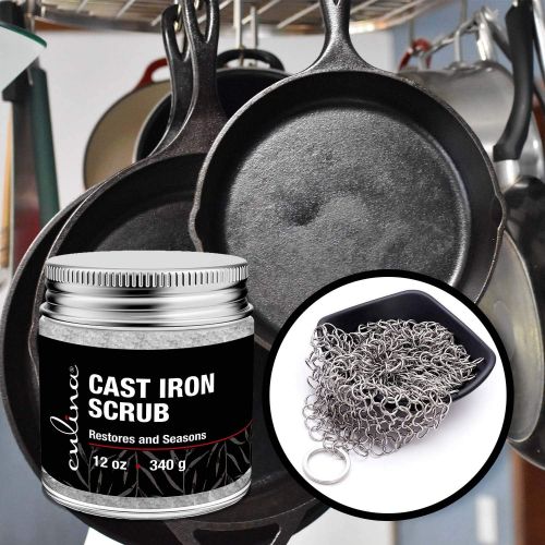  Culina Cast Iron Cleaning & Restoring Scrub & Stainless Steel Scrub Removes Rust Without Scratching & Care Before Cleaning, Washing & Seasoning 100% Natural for Cast Iron Skillets,