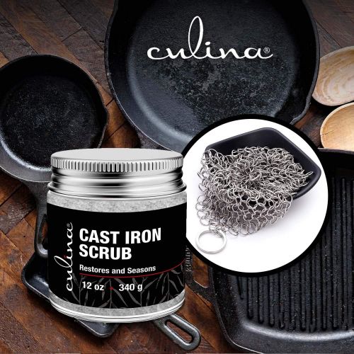  Culina Cast Iron Cleaning & Restoring Scrub & Stainless Steel Scrub Removes Rust Without Scratching & Care Before Cleaning, Washing & Seasoning 100% Natural for Cast Iron Skillets,