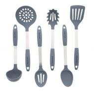 Culinary Couture Grey Kitchen Utensil Set - Stainless Steel & Silicone Heat Resistant Cooking Tools - Spatula, Ladle, Mixing & Slotted Spoon, Pasta Fork Server, Drainer - Bonus Ebook!