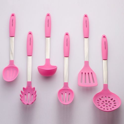  Culinary Couture Pink Cooking Utensil Set - Stainless Steel & Silicone Heat Resistant Professional Kitchen Tools - Spatula, Mixing & Slotted Spoon, Ladle, Pasta Fork Server, Drainer - Bonus Ebook!