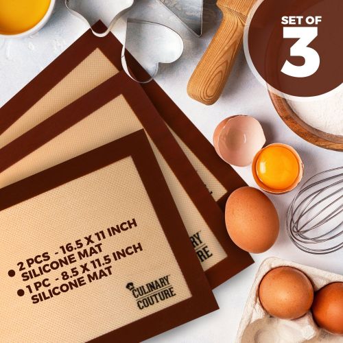  [아마존핫딜][아마존 핫딜] Culinary Couture Silicone Baking Mat Set (3) Non-Stick Cookie Sheets - 2 Half Sheets and 1 Quarter Sheet - Baking Sheets For Bread Making Pastry Macarons Biscuit Buns - 16-5/8 x 11 Inch - Bonus Ebo