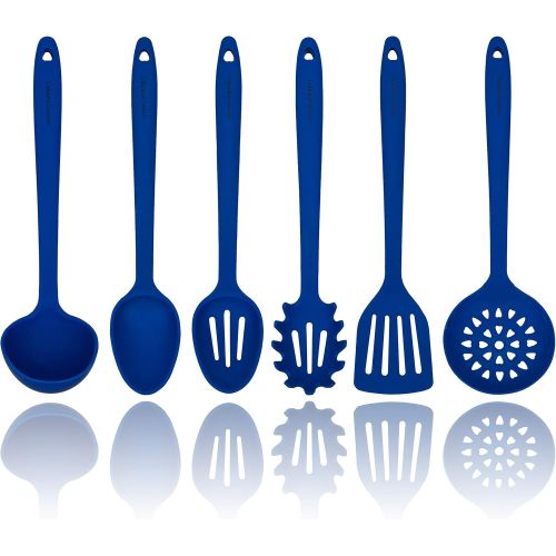  [아마존 핫딜] Culinary Couture Blue Silicone Cooking Utensils Set  Sturdy Steel Inner Core  Spatula, Mixing & Slotted Spoon, Ladle, Pasta Server, Drainer  Heat Resistant Kitchen Tools - Bonus Recipe Ebook