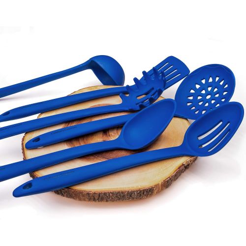  [아마존 핫딜] Culinary Couture Blue Silicone Cooking Utensils Set  Sturdy Steel Inner Core  Spatula, Mixing & Slotted Spoon, Ladle, Pasta Server, Drainer  Heat Resistant Kitchen Tools - Bonus Recipe Ebook