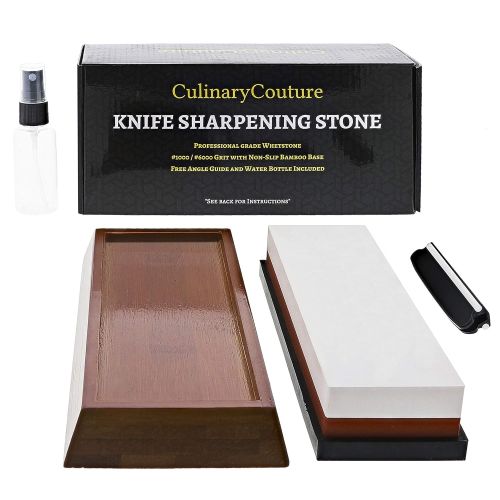  Culinary Couture Whetstone Knife Sharpening Stone Kit - 2-Sided 1000 & 6000 Grit Waterstone | Kitchen Knives Blade Sharpener | Includes Angle Guide & Non-Slip Bamboo Base Holder & Water Spray Bottl