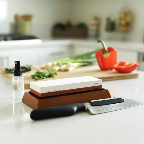  Culinary Couture Whetstone Knife Sharpening Stone Kit - 2-Sided 1000 & 6000 Grit Waterstone | Kitchen Knives Blade Sharpener | Includes Angle Guide & Non-Slip Bamboo Base Holder & Water Spray Bottl