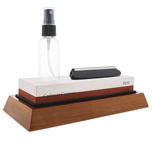  Culinary Couture Whetstone Knife Sharpening Stone Kit - 2-Sided 1000 & 6000 Grit Waterstone | Kitchen Knives Blade Sharpener | Includes Angle Guide & Non-Slip Bamboo Base Holder & Water Spray Bottl