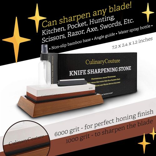  Culinary Couture Whetstone Knife Sharpening Stone Kit - 2-Sided 1000 & 6000 Grit Waterstone | Kitchen Knives Blade Sharpener | Includes Angle Guide & Non-Slip Bamboo Base Holder & Water Spray Bottl