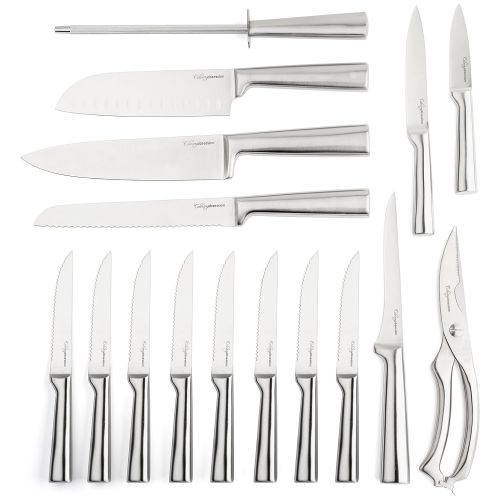  Culinary Obsession 17 Piece Chef Knife Set - Includes Solid Wood Block, 6 Stainless Steel Kitchen Knives, Set of 8 Serrated Steak Knives, Heavy Duty Poultry Shears, and a Carbon Steel Sharpening Rod