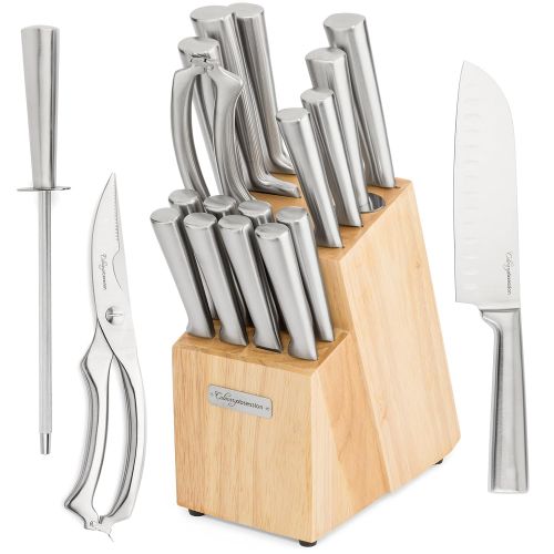  Culinary Obsession 17 Piece Chef Knife Set - Includes Solid Wood Block, 6 Stainless Steel Kitchen Knives, Set of 8 Serrated Steak Knives, Heavy Duty Poultry Shears, and a Carbon Steel Sharpening Rod