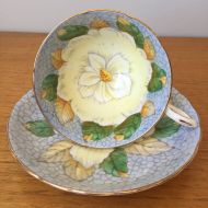 CupandOwl Tuscan China Teacup and Saucer, Large Yellow Flower on Blue Tea Cup and Saucer, Hand Painted Floral Bone China, Garden Tea Party