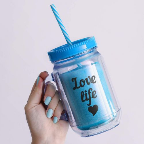  [아마존베스트]Cupture Double Wall Insulated Plastic Mason Jar Tumbler Mug with Striped Straws - 20 oz, 3 Pack