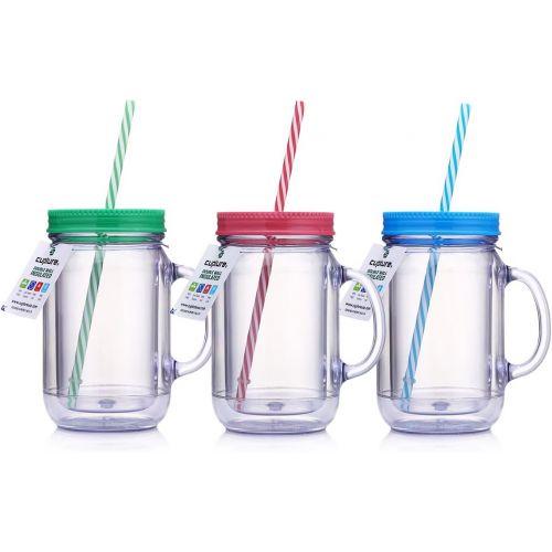  [아마존베스트]Cupture Double Wall Insulated Plastic Mason Jar Tumbler Mug with Striped Straws - 20 oz, 3 Pack