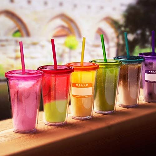  [아마존베스트]Cupture 12 Insulated Double Wall Tumbler Cup with Lid, Reusable Straw & Hello Name Tags, 16 oz, Assorted Colors