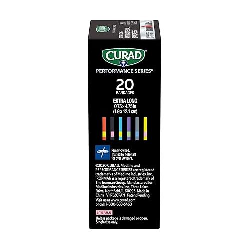  CURAD Performance Series IRONMAN Antibacterial Bandages, Extreme Hold Adhesive Technology, Extra Long Flexible Fabric Bandages for Cuts, Scrapes, & Burns, Assorted Colors, 0.75 x 4.75 inches, 20 Count