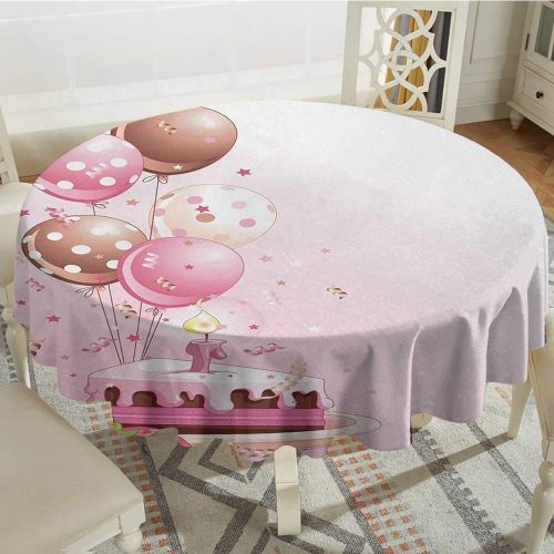  Curioly Birthday Easy Care Leakproof and Durable Tablecloth Strawberry Pink Slice of Cake Candle Dotted Balloons and Confetti Celebration Outdoor Picnic D35.4 Inch Pink Tan Cream