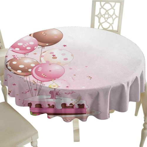  Curioly Birthday Easy Care Leakproof and Durable Tablecloth Strawberry Pink Slice of Cake Candle Dotted Balloons and Confetti Celebration Outdoor Picnic D35.4 Inch Pink Tan Cream