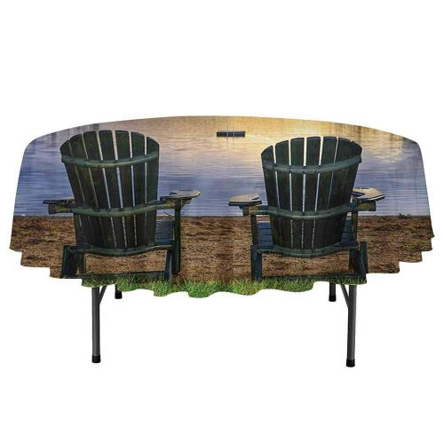  Curioly Seaside Easy to Care for Leakproof and Durable Round tablecloths Two Wooden Chairs on Relaxing Lakeside at Sunset Algonquin Provincial Park Canada Outdoor Picnic D59 Inch Navy Gree