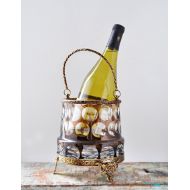 /CuriosityCabinet Vintage Brown Glass Brass Ice Bucket - clear polka dot circles - heavy ornate metal footed wine champagne cooler