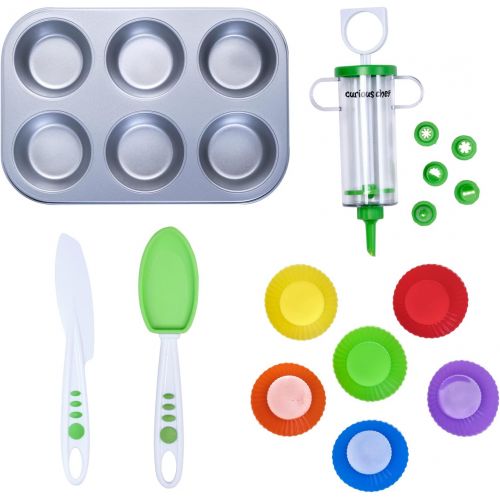  [아마존베스트]Curious Chef Kids Cookware - 16-Piece Cupcake & Decorating Kit I Real Utensils, Dishwasher Safe, BPA-Free I Non-stick Tin, Liners, Silicone Mixing Spoon, Frosting Spreader, Decorat