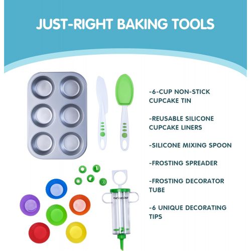  [아마존베스트]Curious Chef Kids Cookware - 16-Piece Cupcake & Decorating Kit I Real Utensils, Dishwasher Safe, BPA-Free I Non-stick Tin, Liners, Silicone Mixing Spoon, Frosting Spreader, Decorat