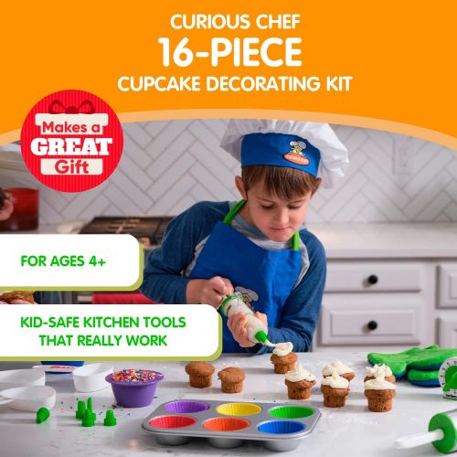  [아마존베스트]Curious Chef Kids Cookware - 16-Piece Cupcake & Decorating Kit I Real Utensils, Dishwasher Safe, BPA-Free I Non-stick Tin, Liners, Silicone Mixing Spoon, Frosting Spreader, Decorat