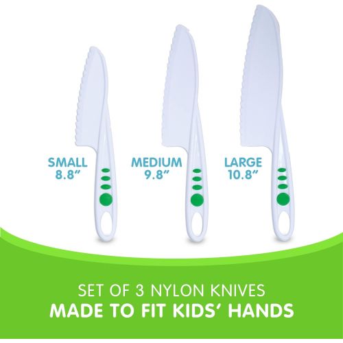  [아마존베스트]Curious Chef Kids Cookware - 3-Piece Knife Set I Real Utensils, Dishwasher Safe, BPA-Free I Kid-Safe I Cuts Fruits & Vegetables I Small, Medium & Large, White/Green