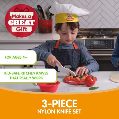  [아마존베스트]Curious Chef Kids Cookware - 3-Piece Knife Set I Real Utensils, Dishwasher Safe, BPA-Free I Kid-Safe I Cuts Fruits & Vegetables I Small, Medium & Large, White/Green