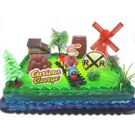 Curious George 16 Piece Birthday Cake Topper Set Featuring George the Monkey on a Train Traveling Through a Western Ghost Town