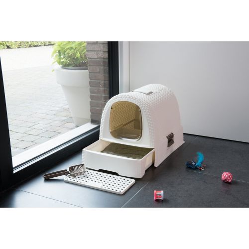  Curver Petlife Style- Hooded Litter Box- Scoop + Filter- Creme-White, Large