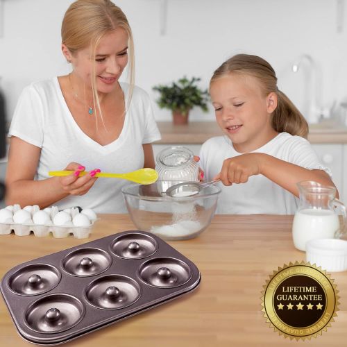  Cushina Donut Pan for Baking Healthy Mini Donuts, Bagels, Muffins and Cakes. Quality Non Stick Easy to Clean 6 Hole Carbon Steel Doughnut Pan.