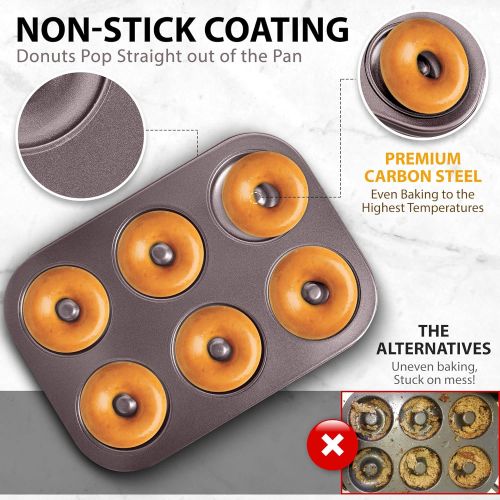 Cushina Donut Pan for Baking Healthy Mini Donuts, Bagels, Muffins and Cakes. Quality Non Stick Easy to Clean 6 Hole Carbon Steel Doughnut Pan.