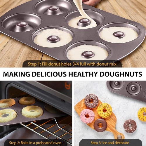  Cushina Donut Pan for Baking Healthy Mini Donuts, Bagels, Muffins and Cakes. Quality Non Stick Easy to Clean 6 Hole Carbon Steel Doughnut Pan.