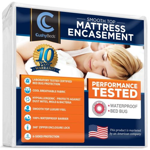  Smooth Top Mattress Encasement Protector Cover by CushyBeds - Patented 360? Zipper Enclosure w Bed Bug Banisher?, Breathable 100% Waterproof Noiseless 6-Sided Protection - (11- 15