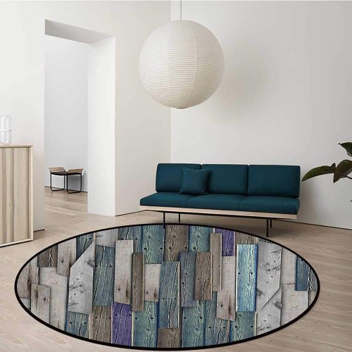  Custom&blanket Waterproof Indoor Circular Rugs Grey Rustic Planks Barn House Wood and Nails Lodge Hardwood Graphic Print Provides Protection and Cushion for Floors Diameter-35.4