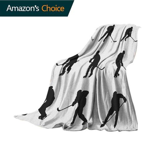  Custom&blanket Hockey Custom Sofa Bed Throw Blanket,Collection of Player Silhouettes in Black and White Different Positions with Sticks Weighted for Adults Kids,Better Deeper Sleep,60 Wx80 L Blac