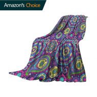 Custom&blanket Purple Mandala Patterned Blanket,Ethnic Paisley Leaves with Asian Flower Figures in Vibrant Tones Boho Print for Bed & Couch Sofa Easy Care,30 Wx50 L Multicolor