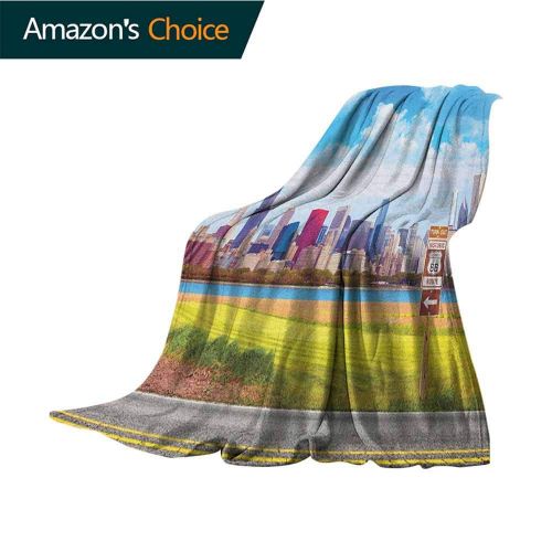  Custom&blanket Chicago Skyline Flannel Fleece Blanket,Historical Route 66 Highway Background with Skyscrapers Freedom Picture Colorful | Home,Couch,Outdoor,Travel Use,30 Wx40 L Multicolor