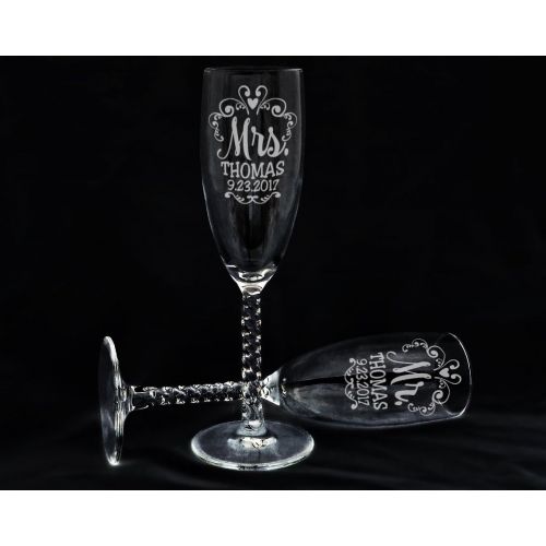  [아마존베스트]Custom-Engraved-Glasses-by-StockingFactory Mr Mrs Wedding Reception Celebration Twisty Stem Champagne Glasses Set of 2 Couples Newlywed Married Groom Bride Husband Wife Anniversary Engraved CLEAR Flute Glass Favors (Persona