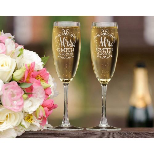  [아마존베스트]Custom-Engraved-Glasses-by-StockingFactory Mr Mrs Wedding Reception Celebration Twisty Stem Champagne Glasses Set of 2 Couples Newlywed Married Groom Bride Husband Wife Anniversary Engraved CLEAR Flute Glass Favors (Persona