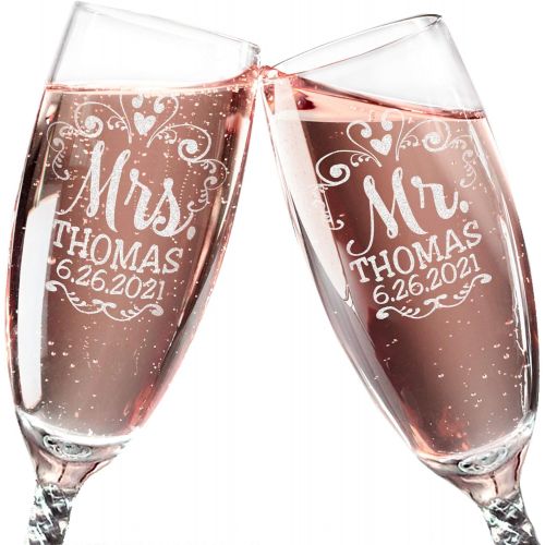  [아마존베스트]Custom-Engraved-Glasses-by-StockingFactory Mr Mrs Wedding Reception Celebration Twisty Stem Champagne Glasses Set of 2 Couples Newlywed Married Groom Bride Husband Wife Anniversary Engraved CLEAR Flute Glass Favors (Persona