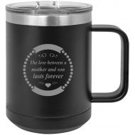 CustomGiftsNow The love between a mother and son lasts forever Stainless Steel Vacuum Insulated 15 Oz Engraved Travel Coffee Mug with Slider Lid, Black