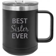CustomGiftsNow Best Sister Ever Stainless Steel Vacuum Insulated 15 Oz Engraved Travel Coffee Mug with Slider Lid, Black
